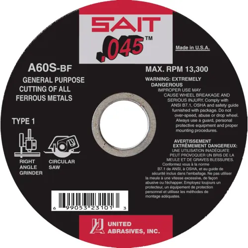 United Abrasives - Sait 23107 Cut Off Wheel Type 1 A60S 7" x .045" x 5/8" 60 Grit Aluminum Oxide - Pkg Qty 50