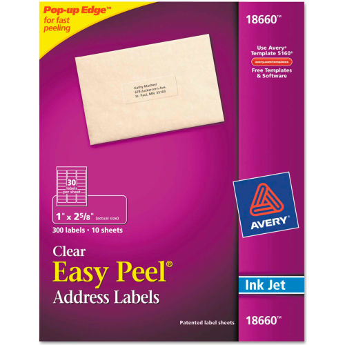 Avery® Easy Peel Inkjet Mailing Labels, 1 x 2-5/8, Clear, 300/Pack