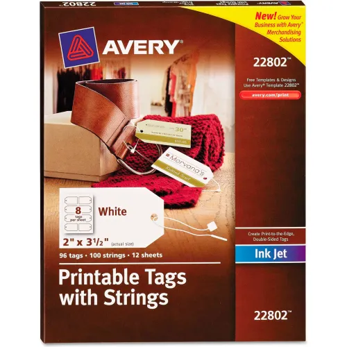 Avery® Blank Printer-Compatible Tags With Strings, 2 x 3 1/2, White, 96/Pack
