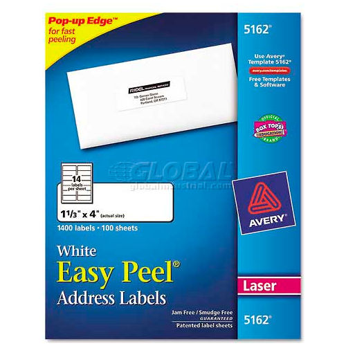 Easy Peel Laser Address Labels, 1-1/3 x 4, White, 1400 Labels