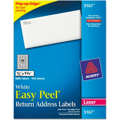Avery® Easy Peel Laser Address Labels, 1/2 x 13/4, White, 8000/Box