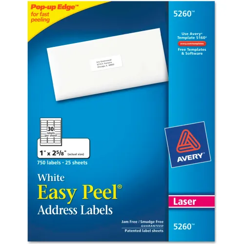 Avery® Easy Peel Laser Address Labels, 1 x 2-5/8, White, 750/Pack