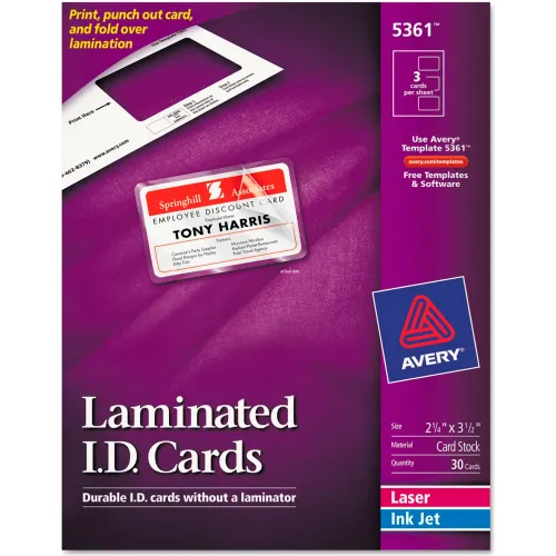 Laminated Laser/Inkjet ID Cards, 2 1/4 x 3 1/2, White, 30/Box