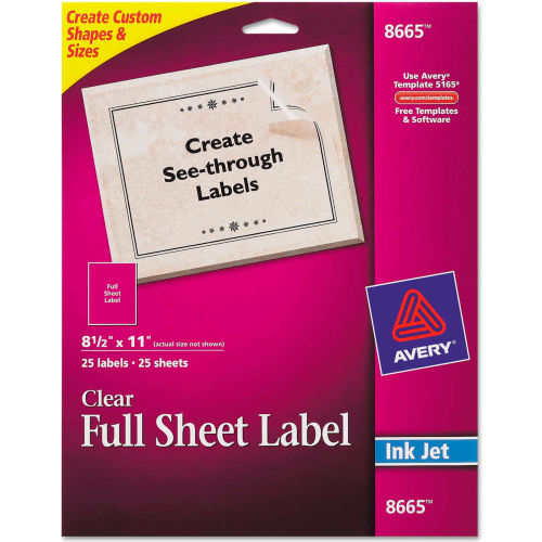 Avery&#174; Full-Sheet Inkjet Labels, 8-1/2 x 11, Clear, 25/Pack