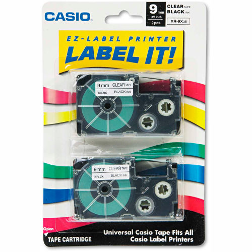 Casio&#174; Tape Cassettes for KL Label Makers, 9mm x 26ft, Black on Clear, 2/Pack
