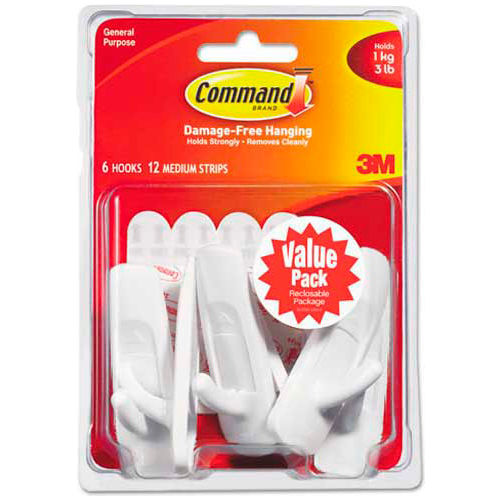 Command 17001-VP-6PK General Purpose Hooks Value Pack, Medium, Holds 3-lb, White, 6/Pack