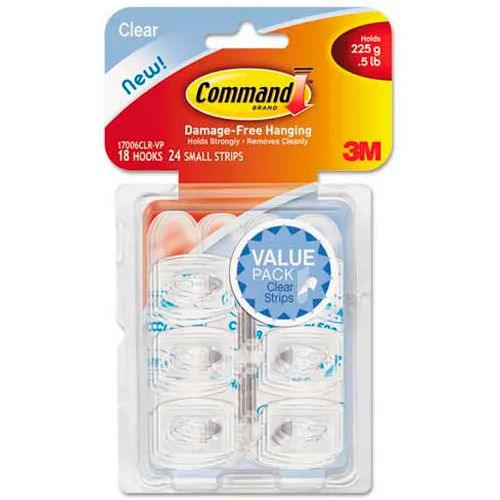 3M Command™ Clear Hooks and Strips, Plastic, Mini, 18 Hooks with 24 Adhesive  Strips per Pack