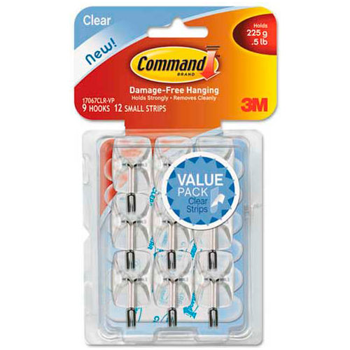 Command 17067CLRVP Clear Hooks & Strips, Plastic/Wire, Small, 9 Hooks w/12 Adhesive Strips per Pack