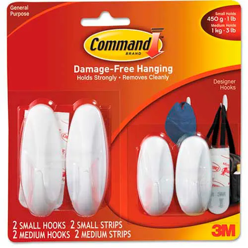 3M 170812VPES 3M Command™ General Purpose Hooks Value Pack, Small/Medium,  Holds 3-lb, White, 4/Pack