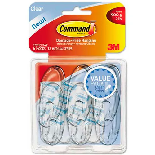 3M Command™ Clear Hooks & Strips, Plastic, Medium, 6 Hooks w/ 12