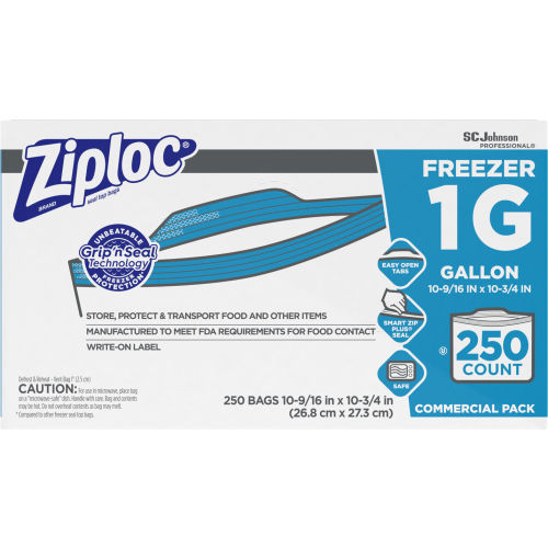 Ziploc&#174; Reclosable Freezer Bags, 1 Gal., 10-9/16&quot;W x 10-3/4&quot;L, 2.7 Mil, Clear, 250/Pack