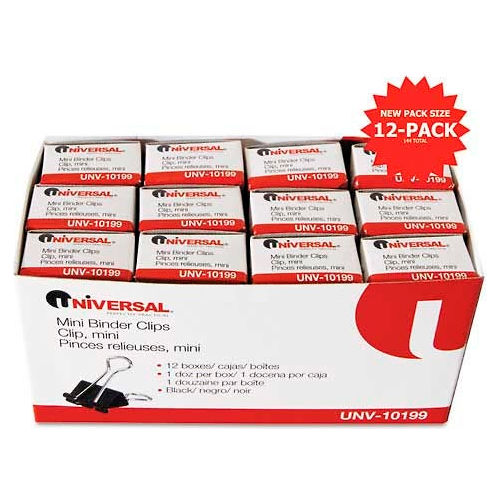 Universal® Steel Wire Mini Binder Clips, Black/Silver, 1/2" W, 1/4" Capacity, 144/Pack