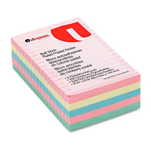 Universal One® Self-Stick Notes, 4 x 6, Lined, 4 Pastel Colors, 5 100-Sheet