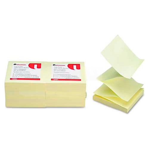 Universal One&#174; Fan-Folded Pop-Up Notes, 3 x 3, Yellow, 12 100-Sheet Pads/Pack