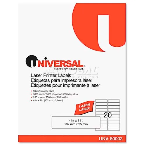 Universal® Laser Printer Permanent Labels, 1 x 4, White, 5000 Labels