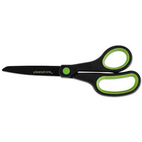 Universal One Industrial Scissors, 8" Length, Straight, Black Carbon Coated Blades, Black/Blue