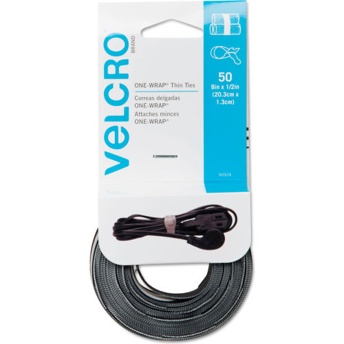 VELCRO&#174; Brand Reusable Self-Gripping Ties, 1/2 x Eight Inches, Black/Gray, 50 Ties/Pack