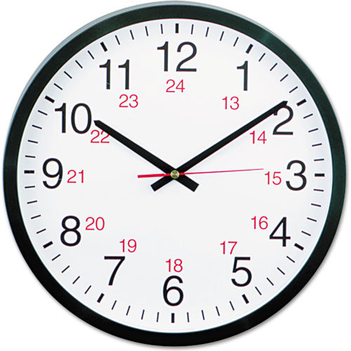 Universal&#174; 24-Hour Round Wall Clock, 12.63" Overall Diameter, Black Case, 1 AA