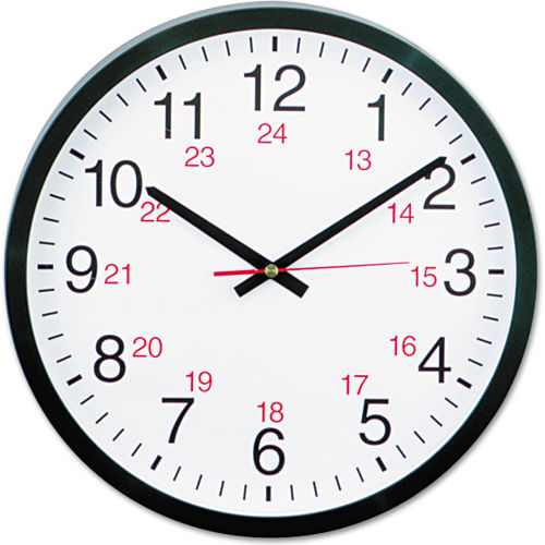 Universal® 24-Hour Round Wall Clock, 12.63" Overall Diameter, Black Case, 1 AA
