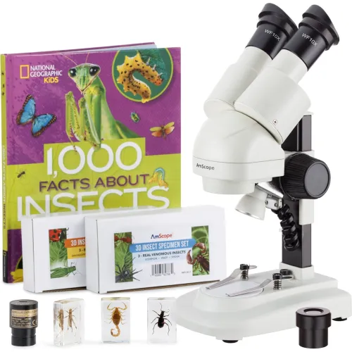 AmScope 20X50X Portable Stereo Microscope, 6pc 3D Insect Specimen
