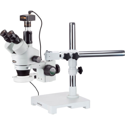 AmScope SM-3T-54S-5M 7X-45X Trinocular LED Boom Stand Stereo Zoom Microscope with 5MP Camera