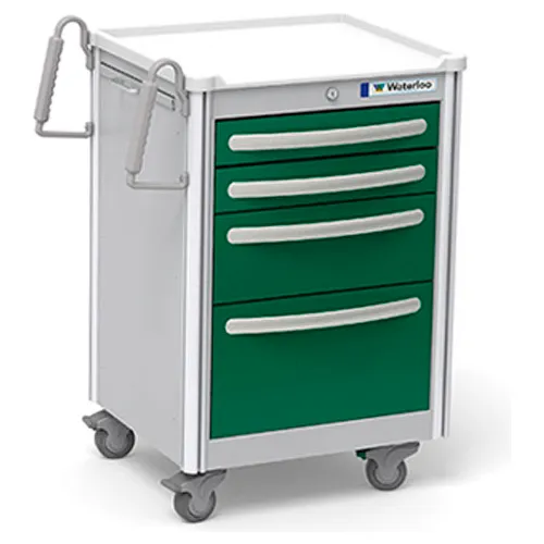 Waterloo Healthcare 4Drawer Aluminum Junior Short Medical Bedside Cart, Key Lock, Fairway Green