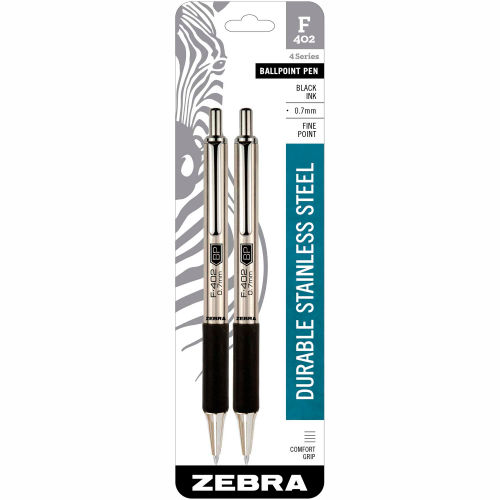 Zebra F-402 Ballpoint Retractable Pen, 0.7mm, Black Ink, Stainless Steel Barrel, 2/Pack