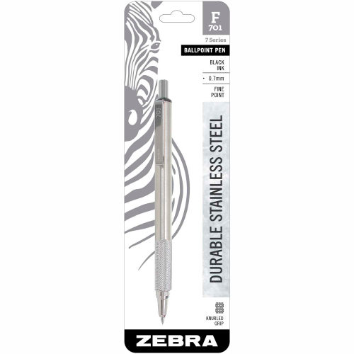 Zebra F-701 Ballpoint Retractable Pen, Stainless Steel Barrel, 0.7mm, Black Ink