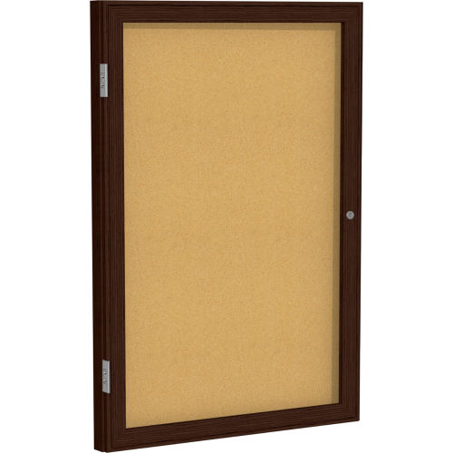 Ghent Enclosed Bulletin Board, 1 Door, 24"W x 36"H, Natural Cork/Walnut