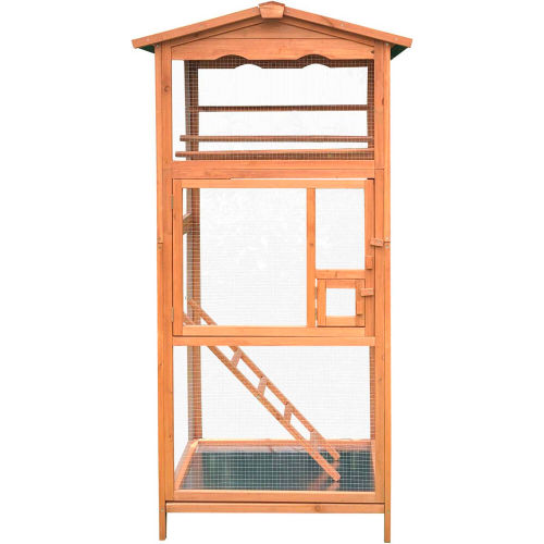 Hanover Outdoor Wooden Bird Cage with 3 Resting Bars, Ladder, Waterproof Roof and Removable Tray