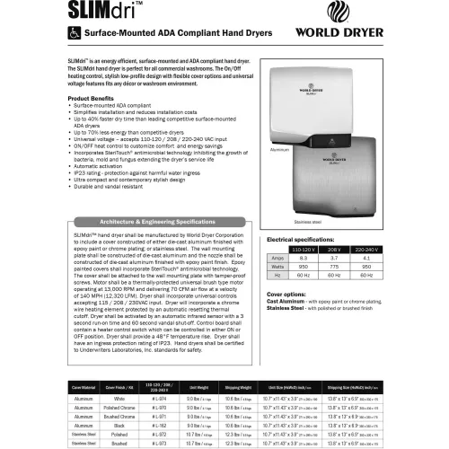 World Dryer SLIMdri Automatic Hand Dryer 110-240V, Brushed Stainless Steel  - L-973A