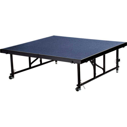 National Public Seating® Transfix 4'L x 4'W Portable Stage w/ Adjustable 24-32"H & Blue Carpet